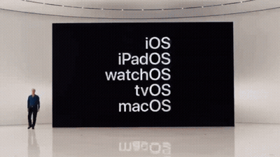 A Man Stands In Front Of A Large Screen Which Says Ios Ipados Watchos Tvos Macos GIF