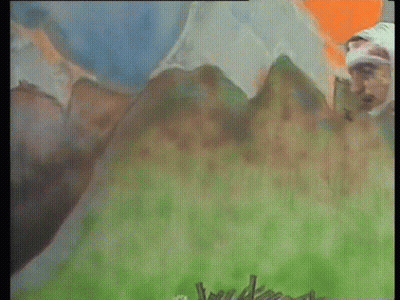 A Man Stands In Front Of A Painting Of A Mountain GIF