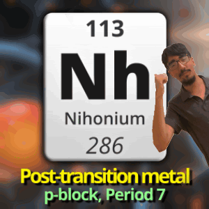 A Man Stands In Front Of A Periodic Table Symbol For Nihonium 286 GIF
