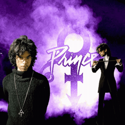 A Man Stands In Front Of A Purple Background That Says Prince GIF