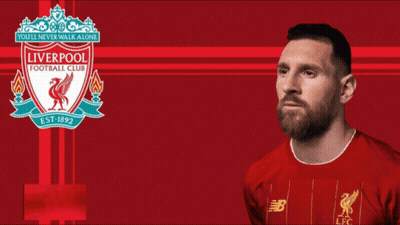 A Man Stands In Front Of A Red Liverpool Football Club Logo GIF
