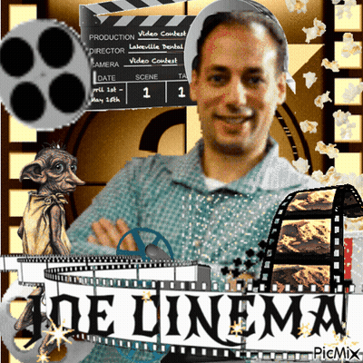 A Man Stands In Front Of A Sign That Says ' De Cinema ' On It GIF
