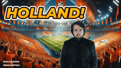A Man Stands In Front Of A Stadium That Says Holland On The Top GIF