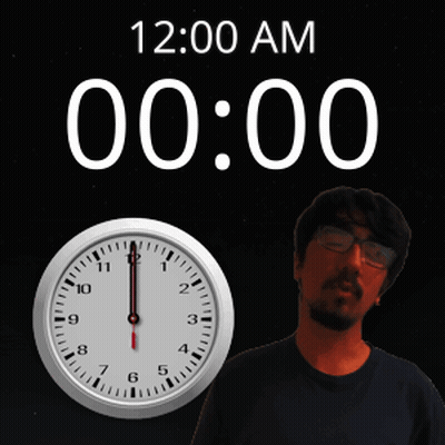 A Man Stands In Front Of A Wall Clock That Says 12:00 Am GIF
