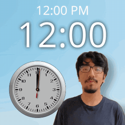 A Man Stands In Front Of A Wall Clock That Says 12:00 Pm GIF