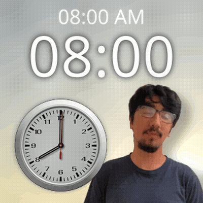 A Man Stands In Front Of A Wall Clock That Says 8:00 Am GIF