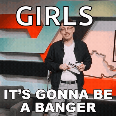 A Man Stands In Front Of A Wall With The Words Girls It 'S Gonna Be A Banger On It GIF