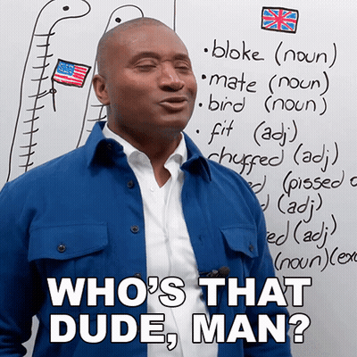A Man Stands In Front Of A White Board With The Words " Who 'S That Dude Man " Written On It GIF