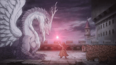 A Man Stands In Front Of A White Dragon With A Purple Background GIF