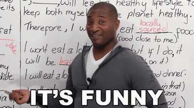 A Man Stands In Front Of A Whiteboard That Says " It 'S Funny " On It GIF