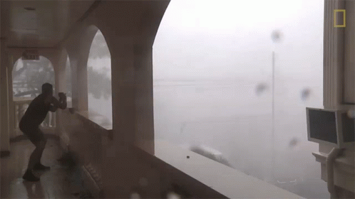 A Man Stands In Front Of A Window With A Sign That Says Exit On It GIF