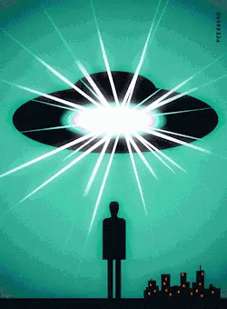 A Man Stands In Front Of An Ufo That Is Flying Over A City With The Letters Eeeaero On The Bottom GIF