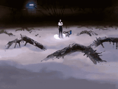 A Man Stands In The Middle Of A Snowy Field With Birds Flying Around Him GIF