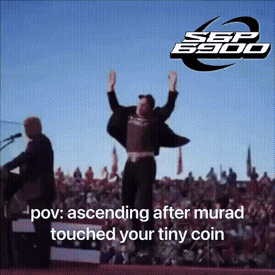 A Man Stands On A Stage With His Arms In The Air And The Words " Ascending After Murad Touched Your Tiny Coin " GIF