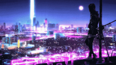 A Man Stands On Top Of A Building Overlooking A City At Night With A Sign That Says ' Coca Cola ' On It GIF