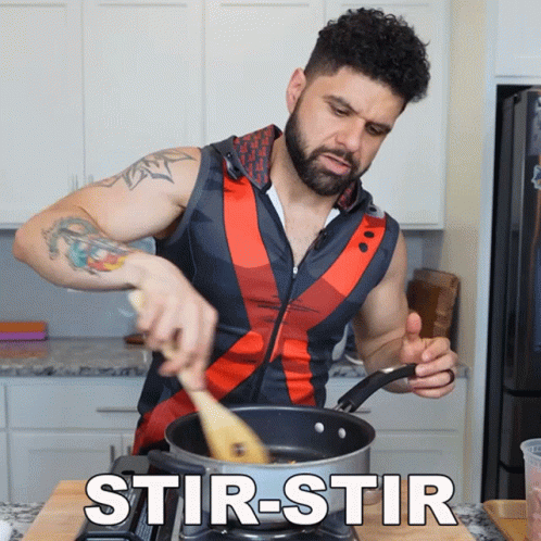 A Man Stirs Something In A Pot That Says Stir-Stir On The Stove GIF