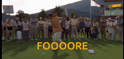 A Man Swings A Golf Club In Front Of A Crowd That Says Foooore GIF