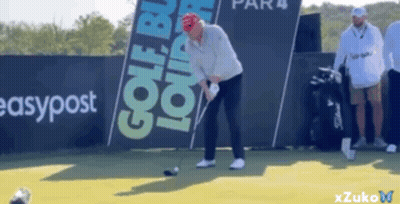 A Man Swings A Golf Club On A Golf Course In Front Of A Banner That Says Easypost GIF