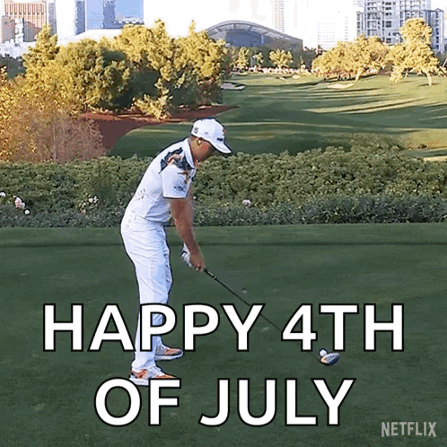 A Man Swings A Golf Club On A Golf Course With The Words Happy 4Th Of July GIF