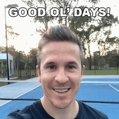 A Man Taking A Selfie In Front Of A Tennis Court With The Words Good Ol ' Days Written Above Him GIF