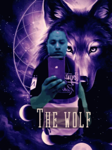 A Man Taking A Selfie In Front Of A Wolf With The Word The Wolf On The Bottom GIF