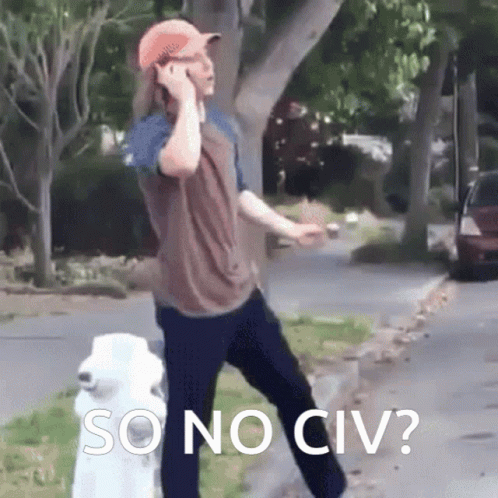 A Man Talking On A Cell Phone Next To A Fire Hydrant With The Words So No Civ Written On It GIF