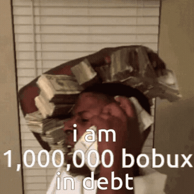 A Man Talking On A Cell Phone While Holding A Stack Of Money On His Head GIF