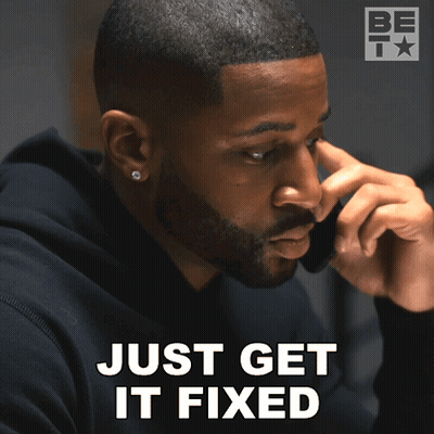 A Man Talking On A Cell Phone With Just Get It Fixed Written On The Bottom Right GIF