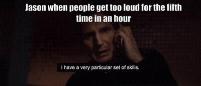 A Man Talking On A Cell Phone With The Caption " Jason When People Get Too Loud For The Fifth Time In An Hour GIF