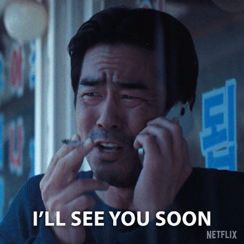 A Man Talking On A Cell Phone With The Words " I 'Ll See You Soon " Next To Him GIF