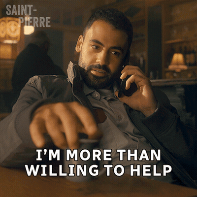 A Man Talking On A Cell Phone With The Words I 'M More Than Willing To Help Above Him GIF