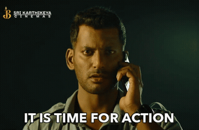 A Man Talking On A Cell Phone With The Words " It Is Time For Action " Next To Him GIF