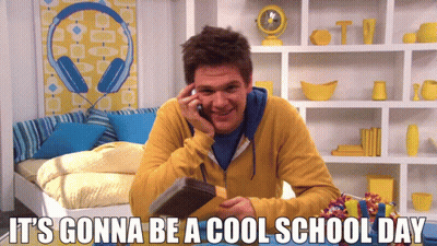 A Man Talking On A Cell Phone With The Words " It 'S Gonna Be A Cool School Day " Above Him GIF