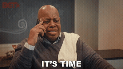 A Man Talking On A Cell Phone With The Words " It 'S Time " Above Him GIF