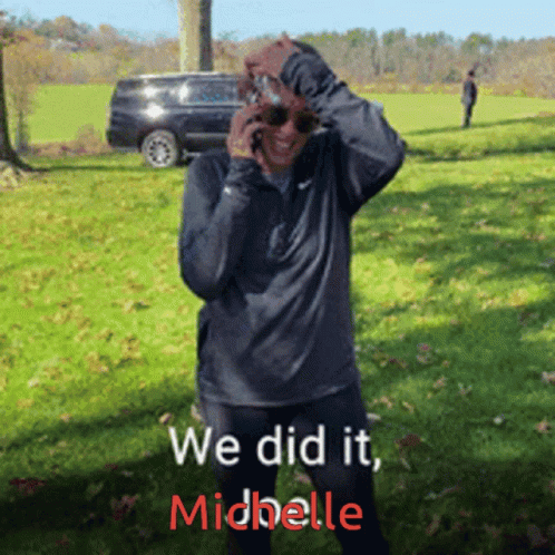 A Man Talking On A Cell Phone With The Words We Did It Michelle GIF