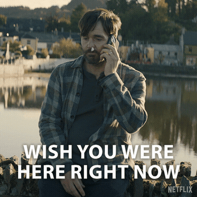 A Man Talking On A Cell Phone With The Words Wish You Were Here Right Now On The Bottom GIF