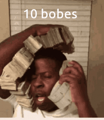 A Man Talking On A Phone With A Stack Of Money On His Head With The Words 10 Bobes Above Him GIF
