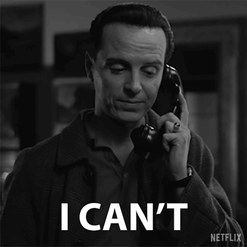A Man Talking On A Phone With The Words " I Can 'T " Written Below Him GIF