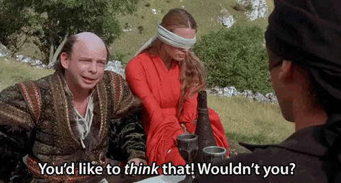 A Man Talking To A Blindfolded Woman With The Words " You 'D Like To Think That Would N't You " GIF