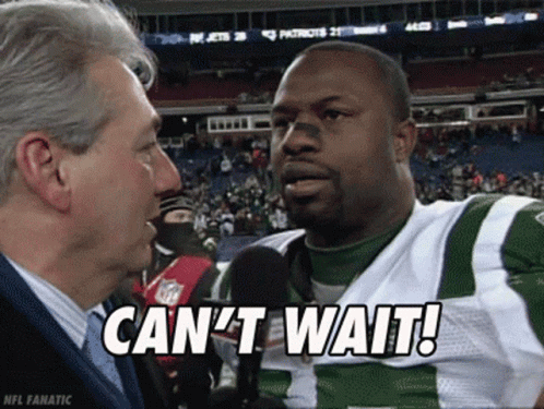 A Man Talking To A Football Player With The Words " Can 'T Wait " On The Bottom GIF