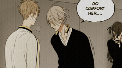 A Man Talking To A Girl With A Speech Bubble Saying Go Comfort Her GIF