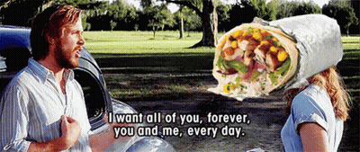 A Man Talking To A Woman With A Burrito On Her Head And The Words " I Want All Of You Forever You And Me Every Day " GIF