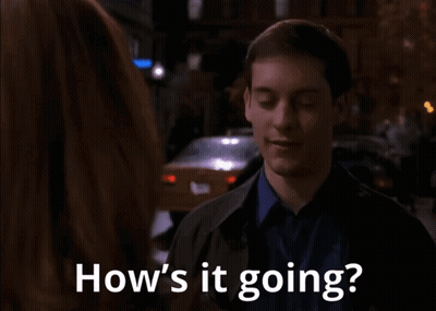 A Man Talking To A Woman With The Words " How 'S It Going " On The Bottom GIF