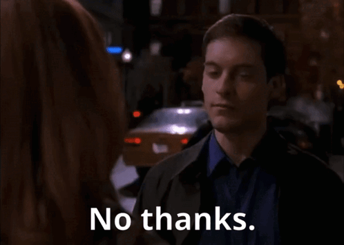 A Man Talking To A Woman With The Words " No Thanks " On The Bottom GIF