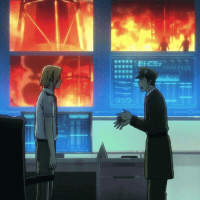 A Man Talking To Another Man In Front Of A Computer Screen That Says ' 000 ' On It GIF