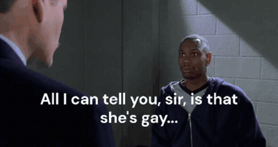 A Man Talking To Another Man With The Words " All I Can Tell You Sir Is That She 'S Gay " At The Bottom GIF