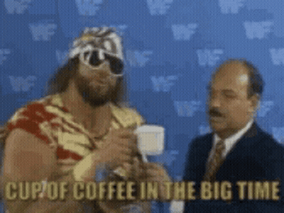 A Man Talking To Another Man With The Words Cup Of Coffee In The Big Time Written On The Bottom GIF