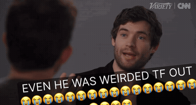A Man Talking To Another Man With The Words Even He Was Weirded Tf Out Above Him GIF
