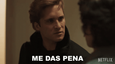 A Man Talking To Another Man With The Words Me Das Pena Written On The Bottom GIF