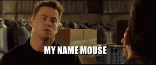 A Man Talking To Another Man With The Words " My Name Mouse " On The Screen GIF